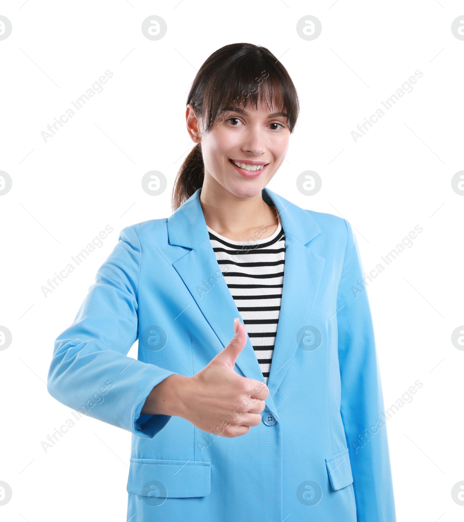 Photo of Happy woman showing thumbs up on white background. Like gesture