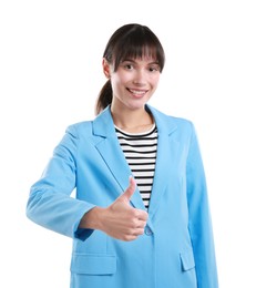 Photo of Happy woman showing thumbs up on white background. Like gesture