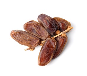 Photo of Bunch of tasty dried dates isolated on white, top view