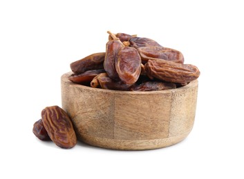 Photo of Tasty dried dates in bowl isolated on white