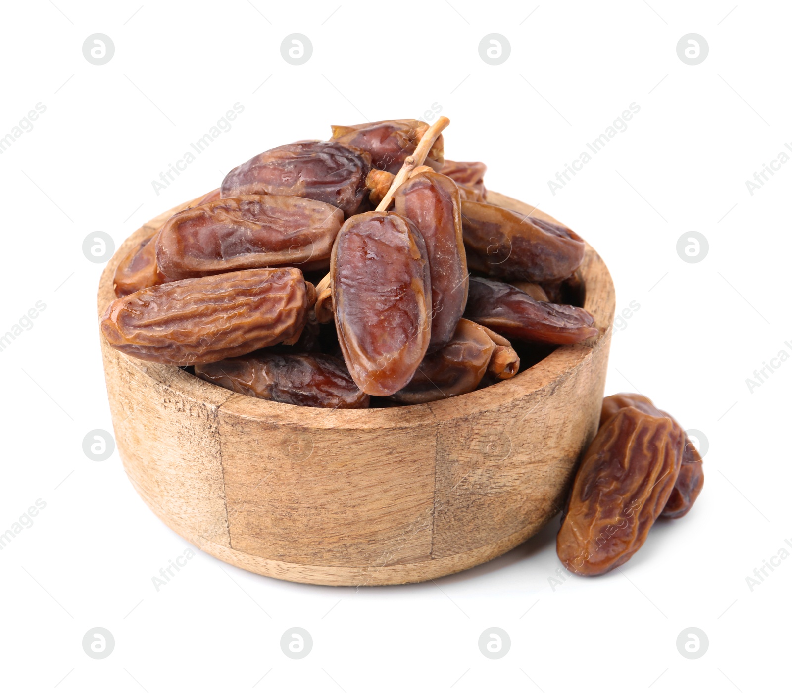 Photo of Tasty dried dates in bowl isolated on white