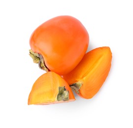 Whole and cut ripe persimmons isolated on white, top view