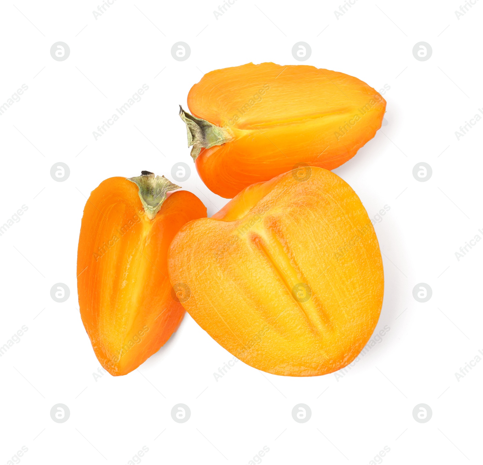 Photo of Pieces of ripe persimmon isolated on white, top view