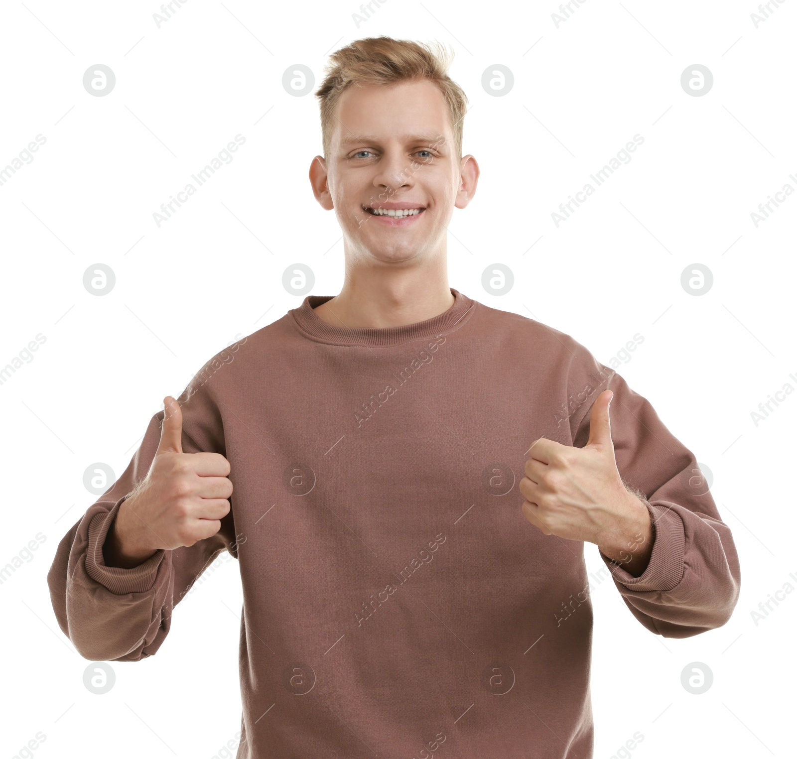 Photo of Happy man showing thumbs up on white background. Like gesture