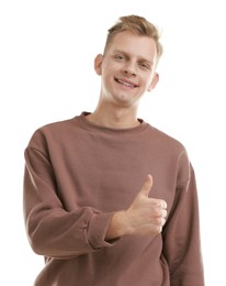 Happy man showing thumbs up on white background. Like gesture