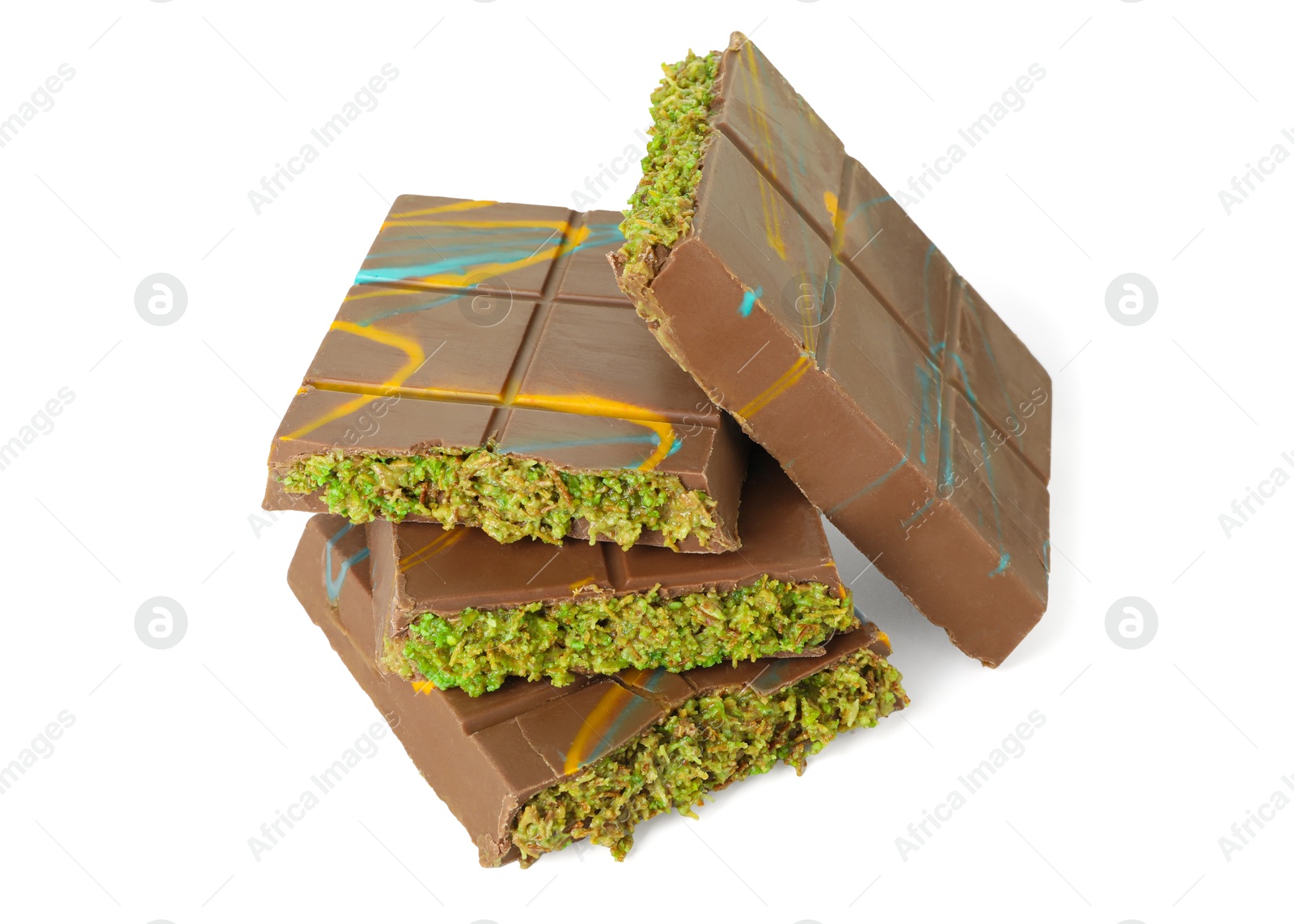 Photo of Pieces of Dubai chocolate bars with pistachio and knafeh isolated on white