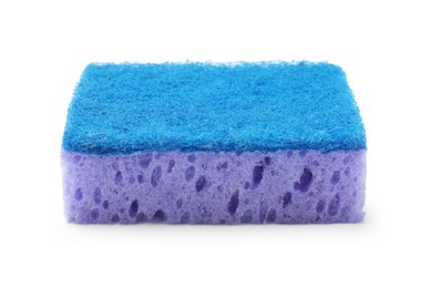 Photo of One purple sponge isolated on white. Cleaning tool