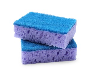 Photo of Purple sponges isolated on white. Cleaning tool