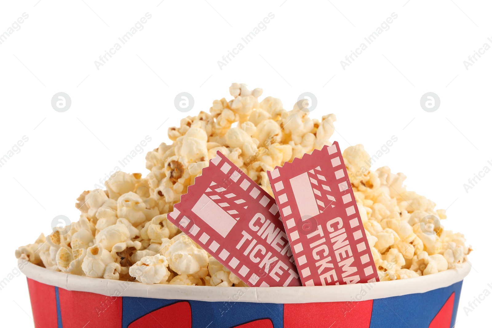 Photo of Tasty popcorn and movie tickets isolated on white