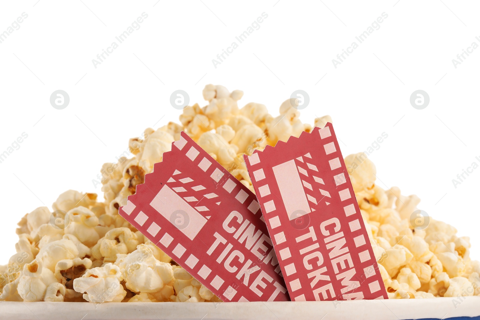 Photo of Tasty popcorn and movie tickets isolated on white