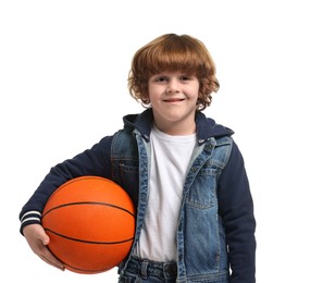 Photo of Little boy with basketball ball on white background