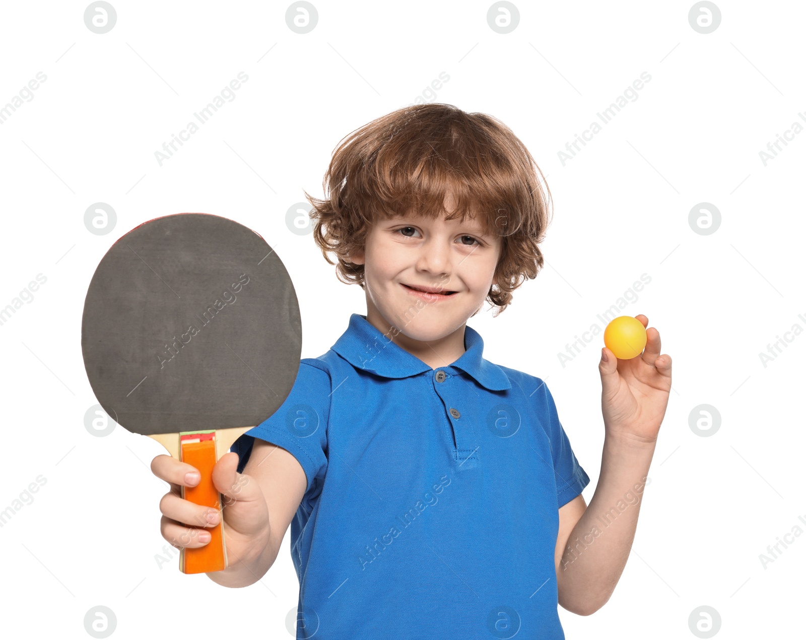 Photo of Little boy with ping pong racket and ball on white background