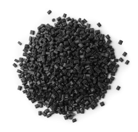 Pile of black plastic granules isolated on white, top view