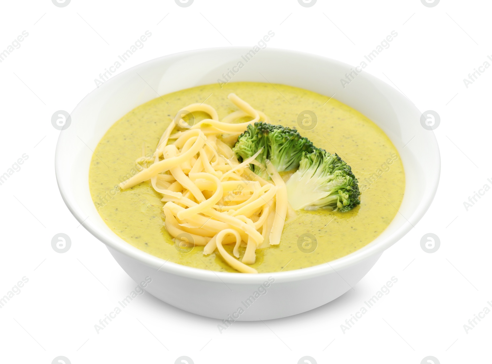 Photo of Delicious broccoli cream soup in bowl isolated on white