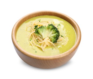 Photo of Delicious broccoli cream soup in bowl isolated on white