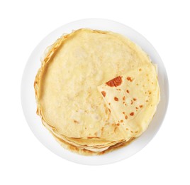 Photo of Stack of delicious crepes isolated on white, top view