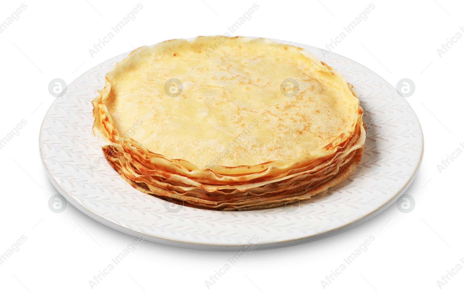 Photo of Stack of delicious crepes isolated on white