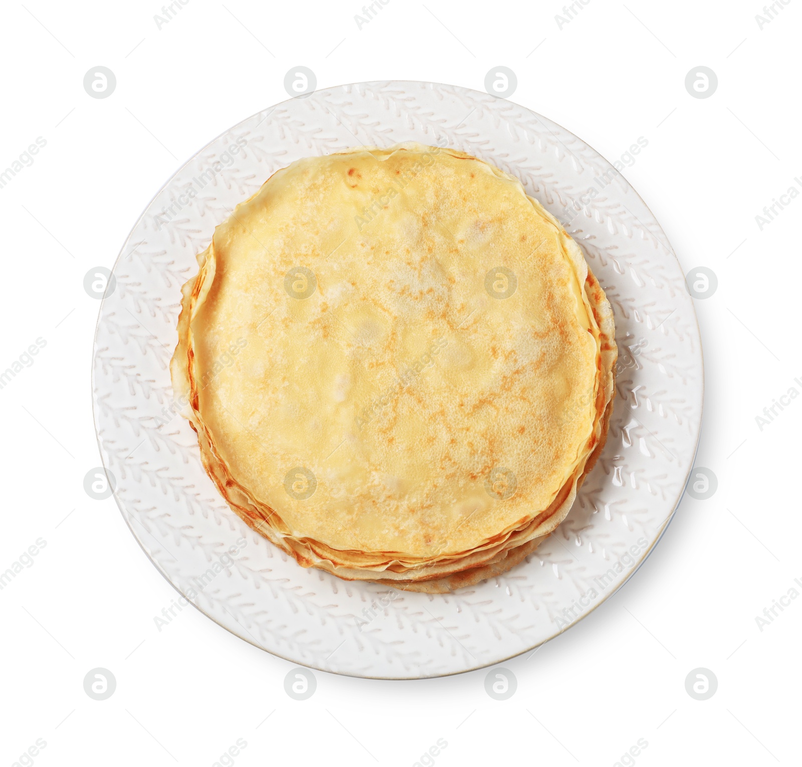 Photo of Stack of delicious crepes isolated on white, top view