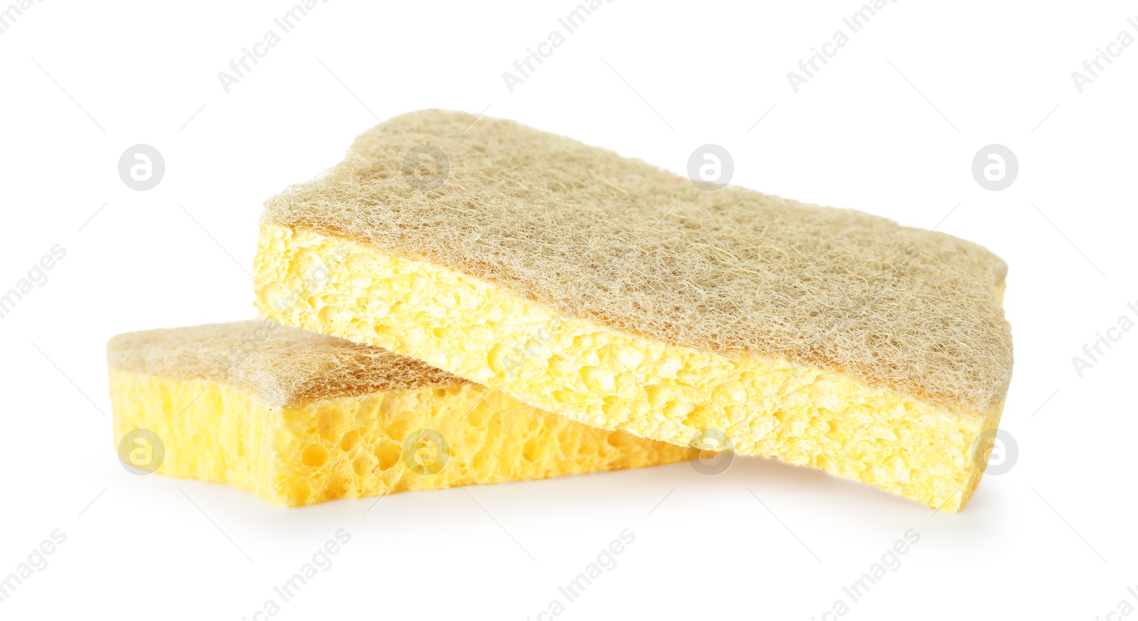 Photo of Two yellow sponges isolated on white. Cleaning supply