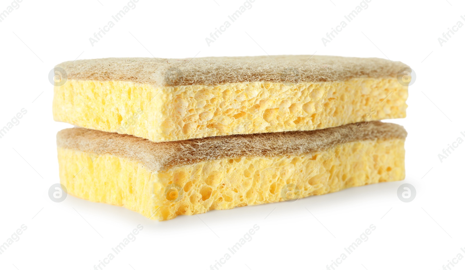 Photo of Two yellow sponges isolated on white. Cleaning supply