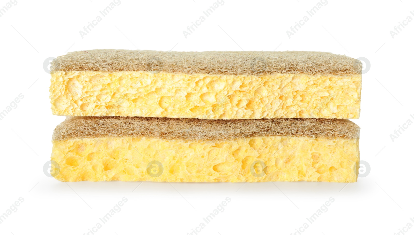 Photo of Two yellow sponges isolated on white. Cleaning supply