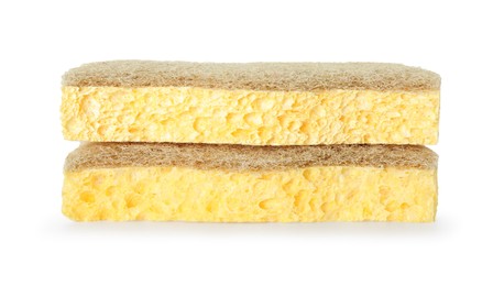 Photo of Two yellow sponges isolated on white. Cleaning supply