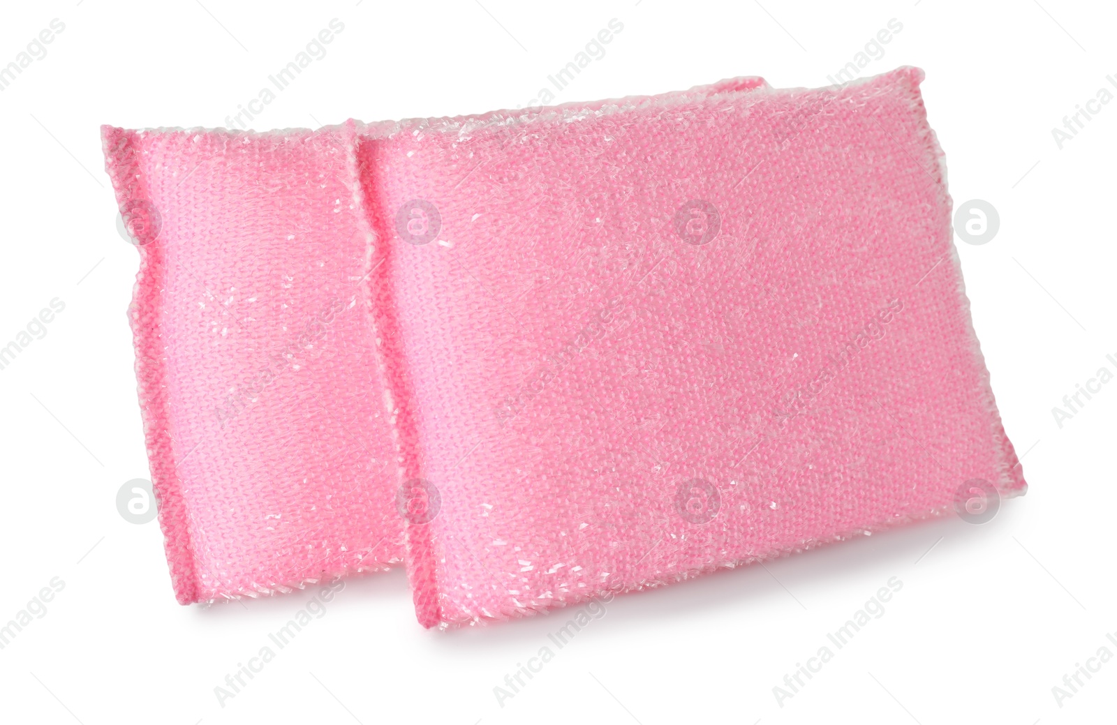 Photo of Two lurex sponges isolated on white. Cleaning supply