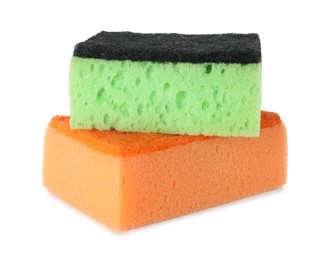 Photo of Two colorful sponges isolated on white. Cleaning supply