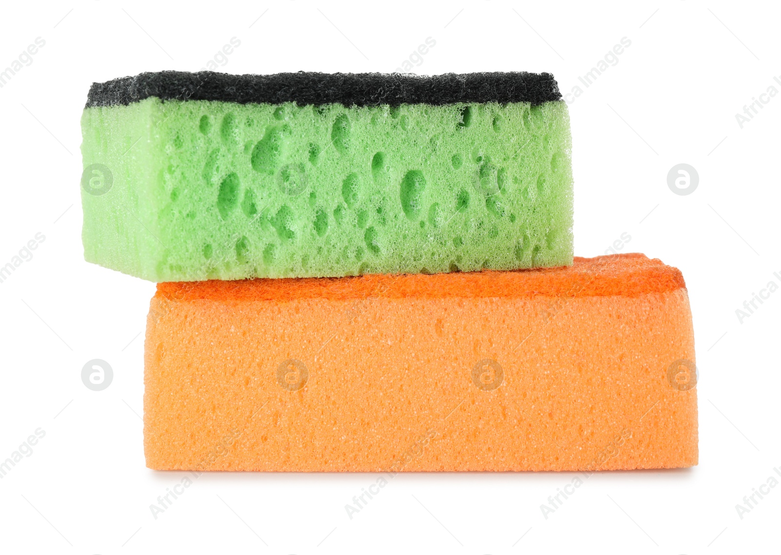 Photo of Two colorful sponges isolated on white. Cleaning supply