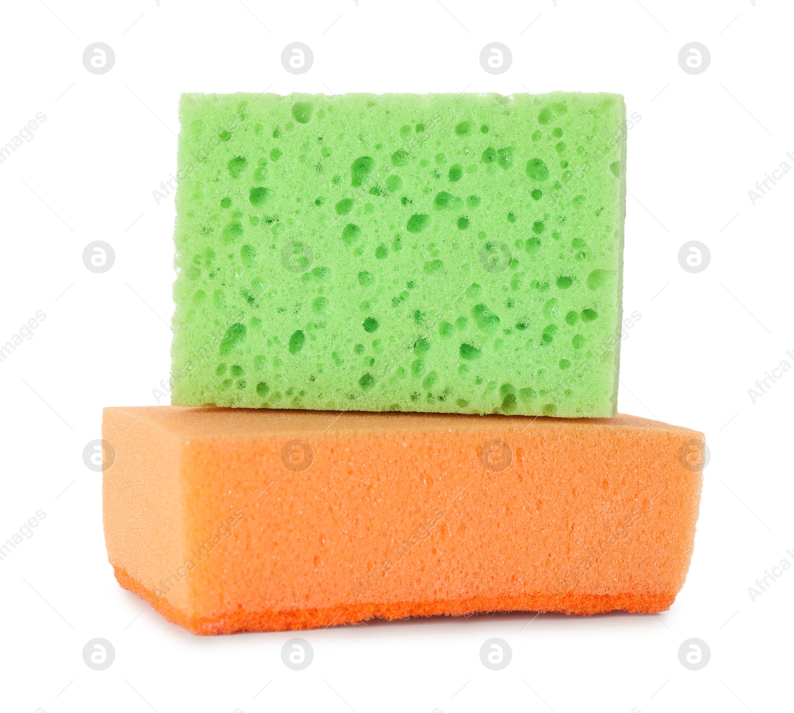 Photo of Two colorful sponges isolated on white. Cleaning supply