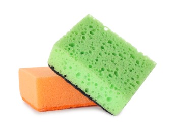 Photo of Two colorful sponges isolated on white. Cleaning supply