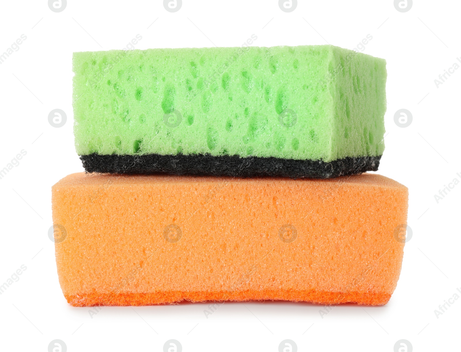 Photo of Two colorful sponges isolated on white. Cleaning supply