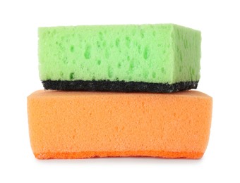 Photo of Two colorful sponges isolated on white. Cleaning supply