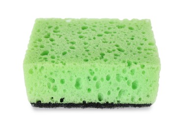 Photo of One green sponge isolated on white. Cleaning supply