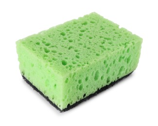 Photo of One green sponge isolated on white. Cleaning supply