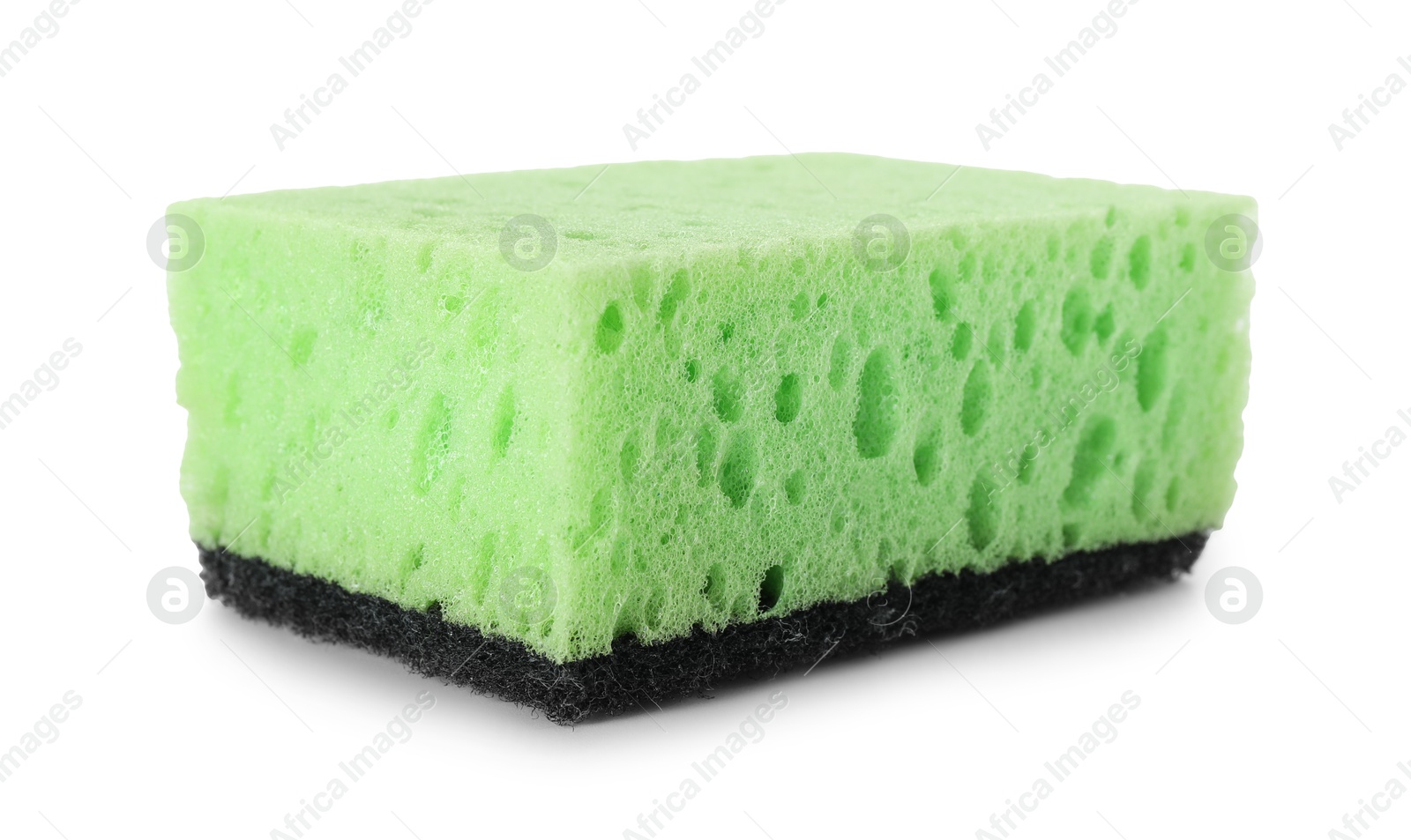 Photo of One green sponge isolated on white. Cleaning supply