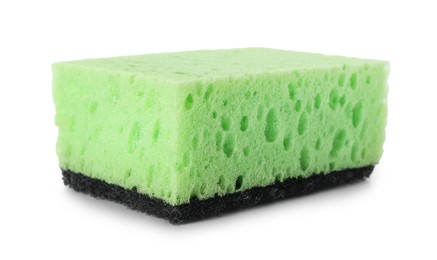 Photo of One green sponge isolated on white. Cleaning supply