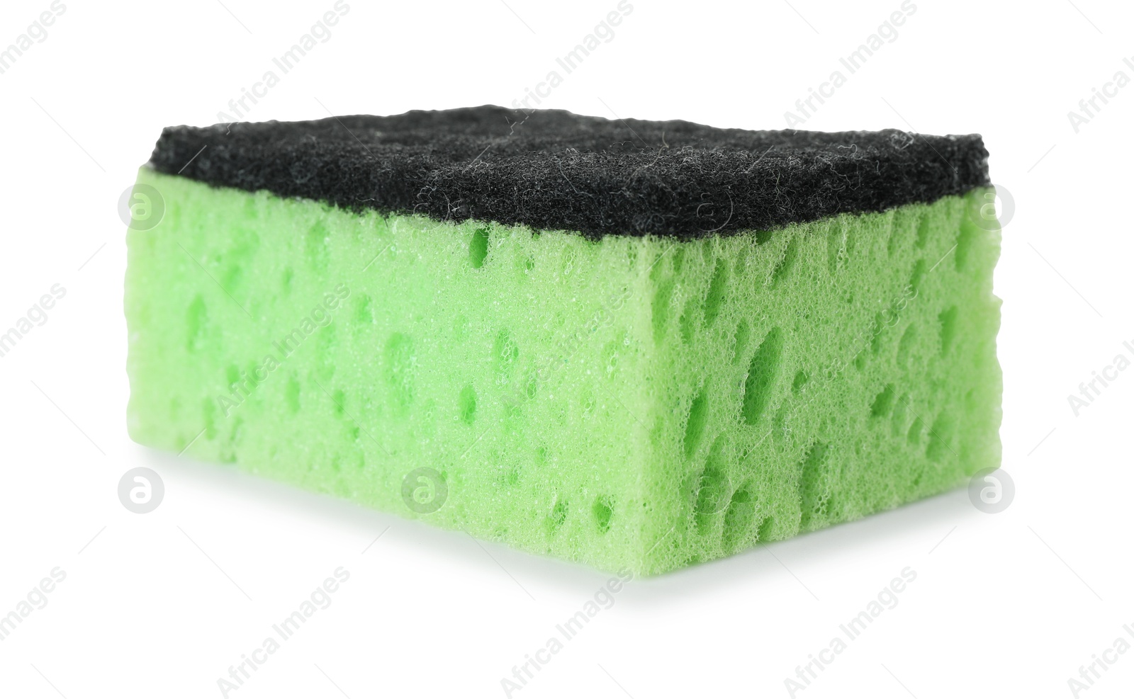 Photo of One green sponge isolated on white. Cleaning supply