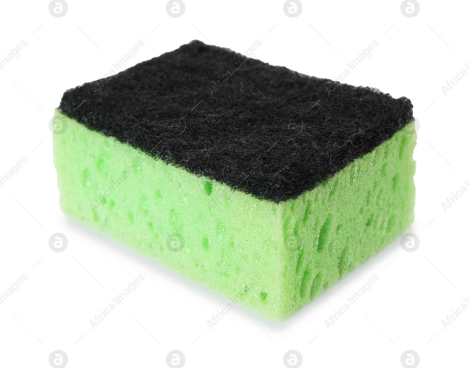 Photo of One green sponge isolated on white. Cleaning supply