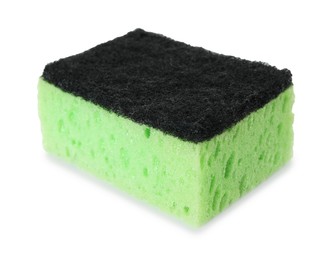 Photo of One green sponge isolated on white. Cleaning supply