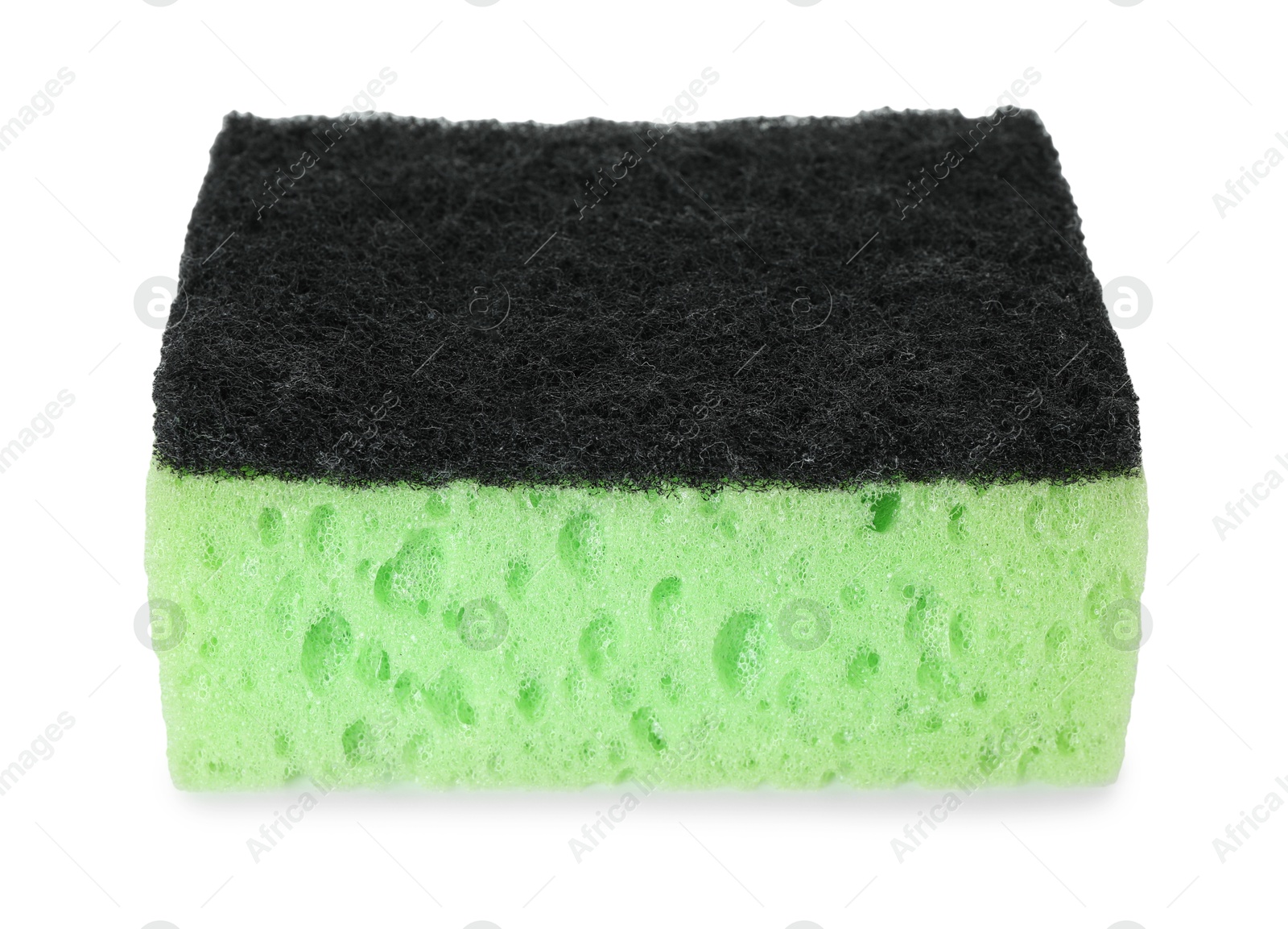 Photo of One green sponge isolated on white. Cleaning supply