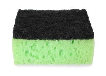 Photo of One green sponge isolated on white. Cleaning supply