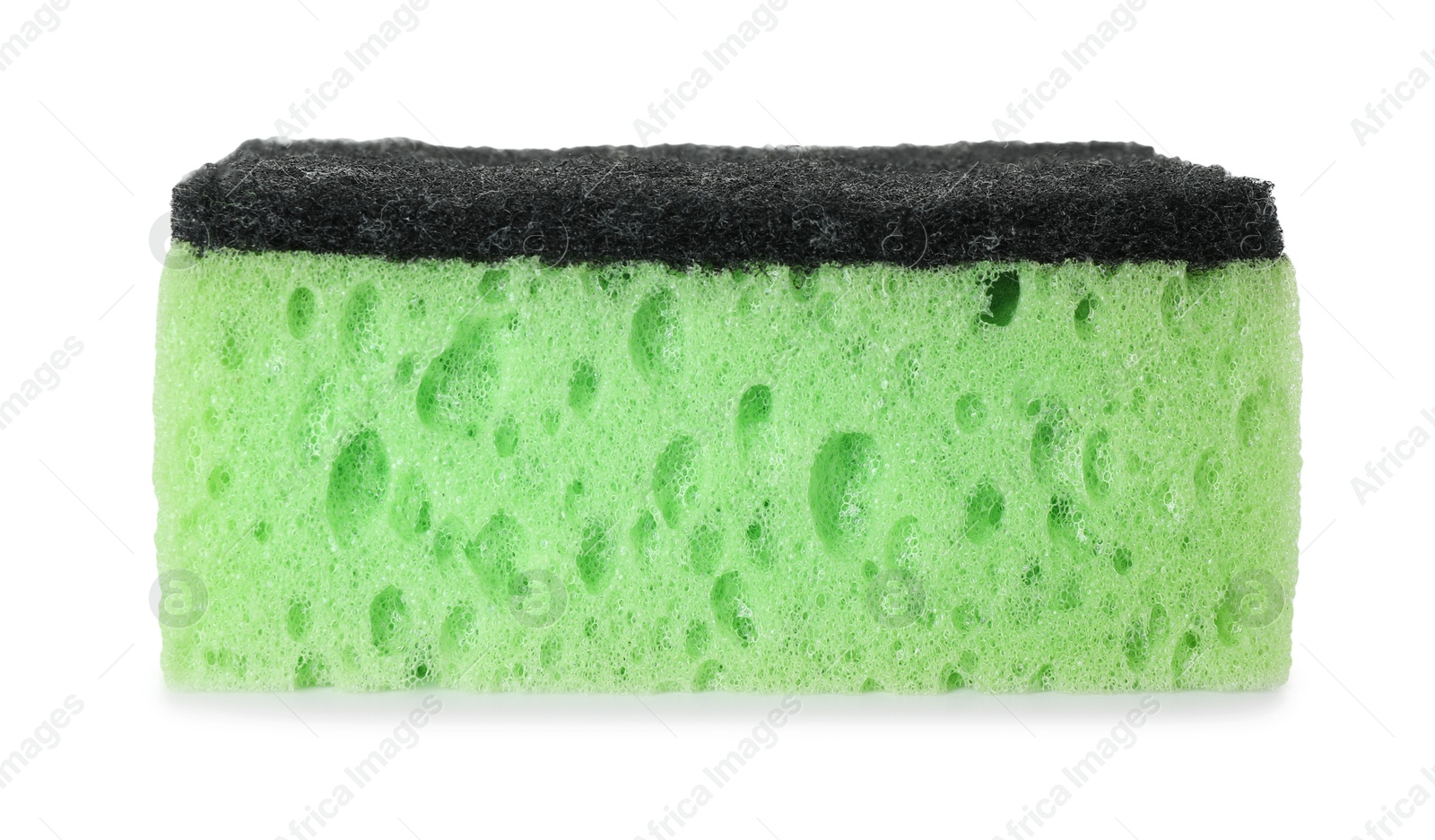 Photo of One green sponge isolated on white. Cleaning supply