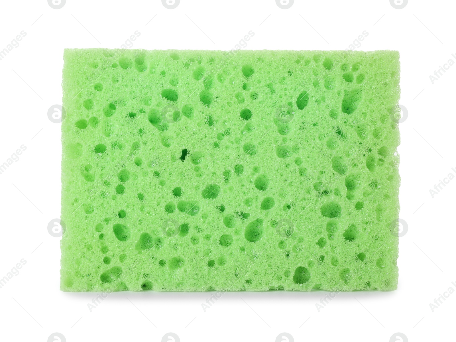 Photo of One green sponge isolated on white. Cleaning supply