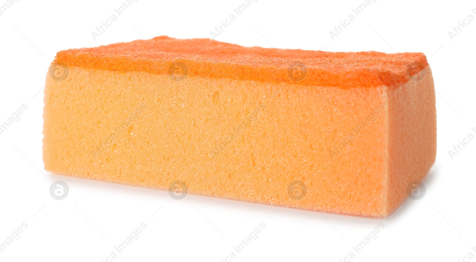 Photo of One orange sponge isolated on white. Cleaning supply