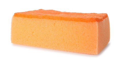 Photo of One orange sponge isolated on white. Cleaning supply