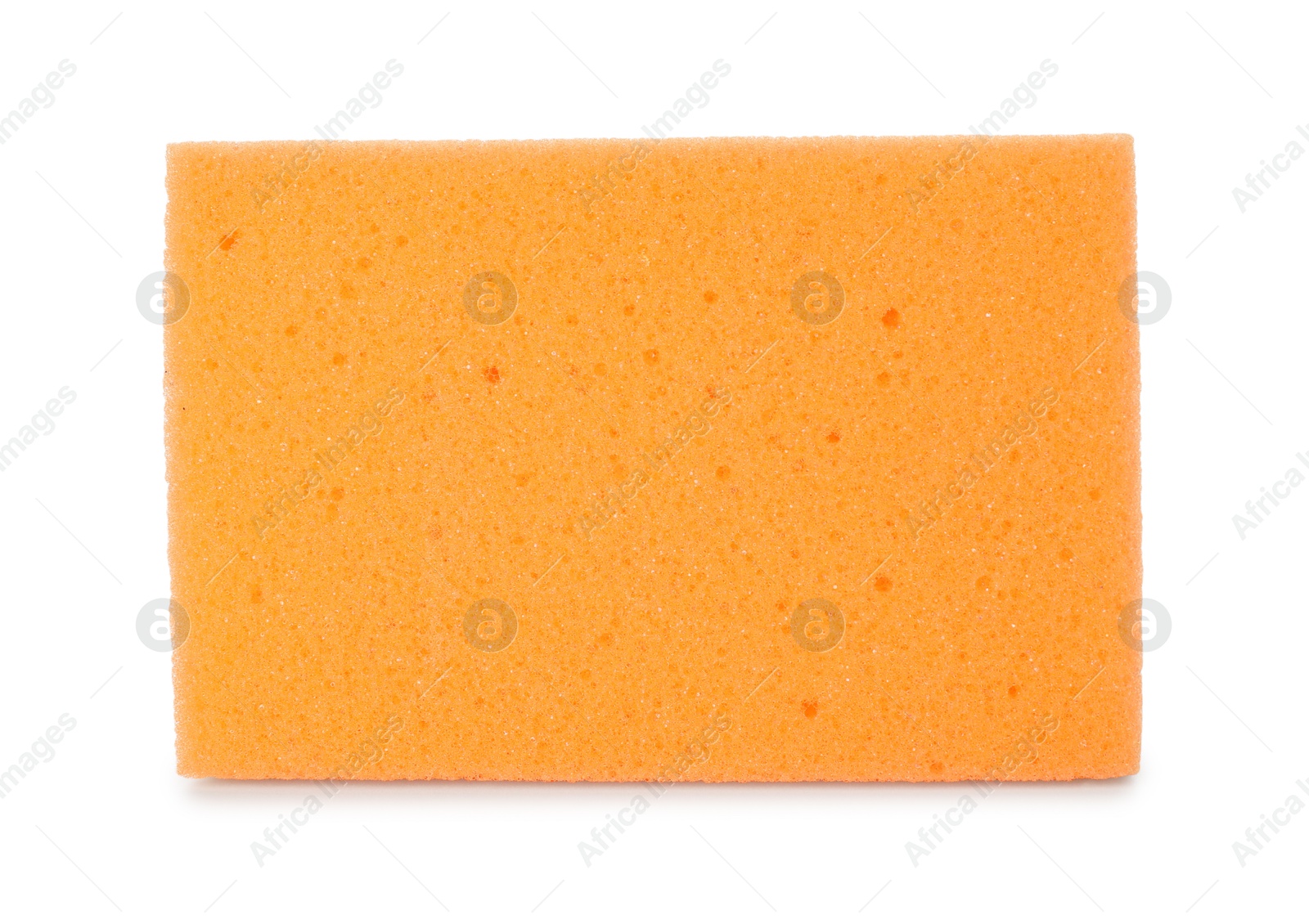 Photo of One orange sponge isolated on white. Cleaning supply