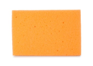 Photo of One orange sponge isolated on white. Cleaning supply