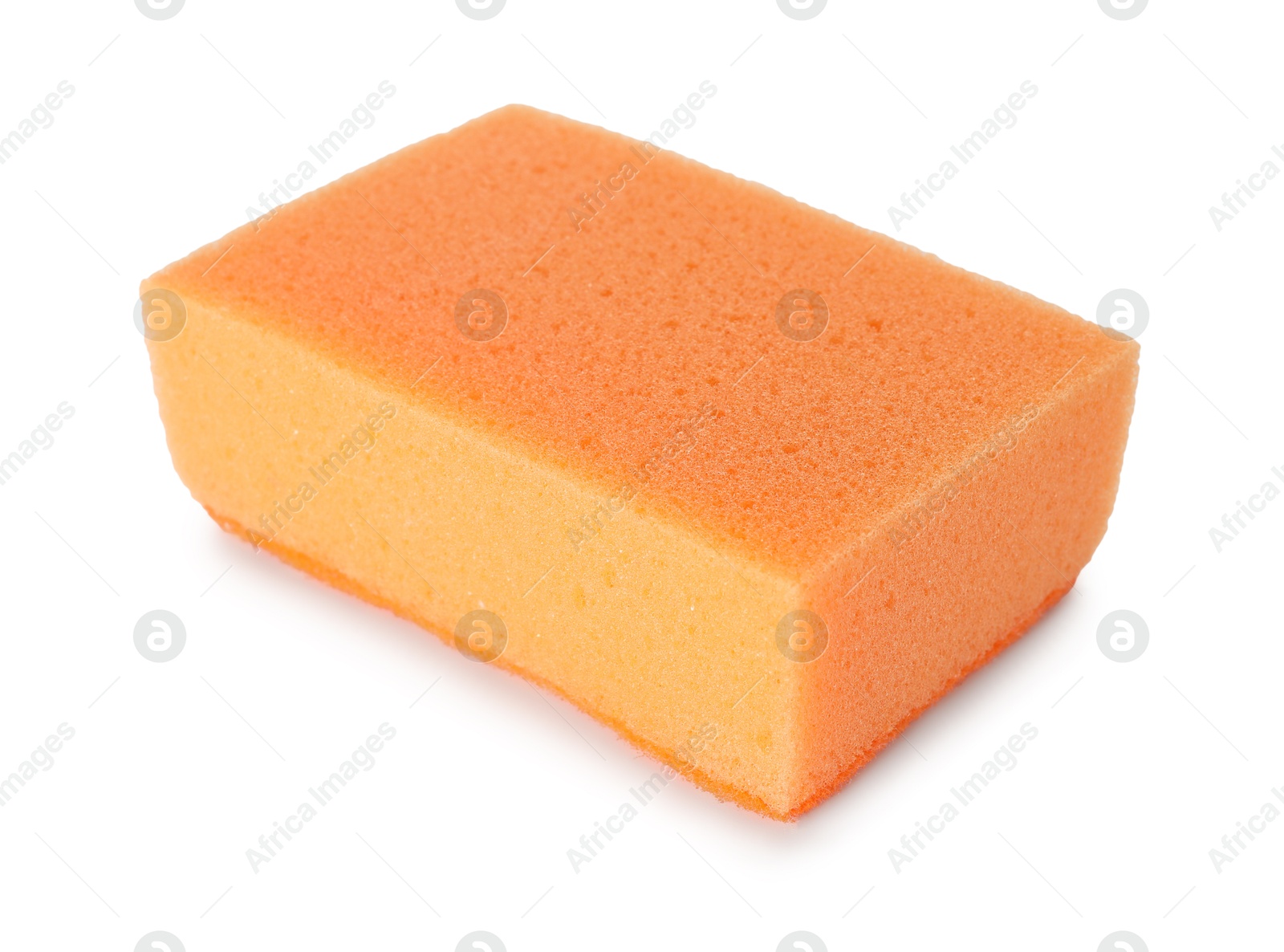 Photo of One orange sponge isolated on white. Cleaning supply