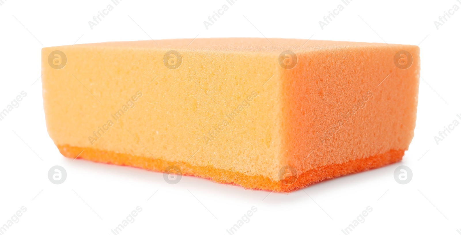 Photo of One orange sponge isolated on white. Cleaning supply